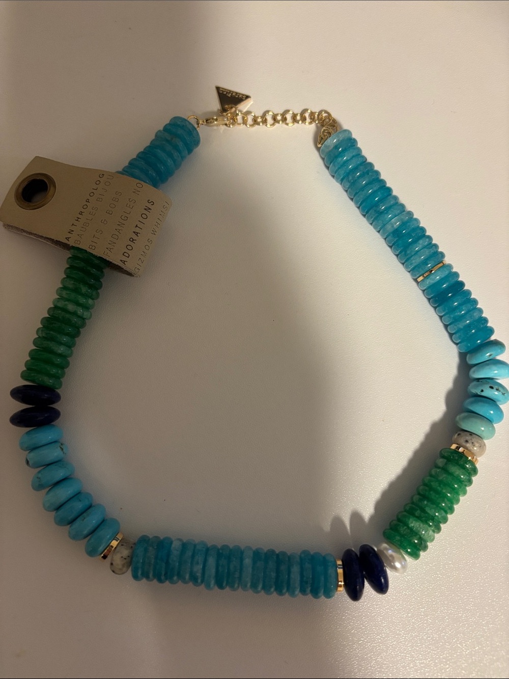 Anthropologie Turquoise, Teal & Green Beaded Necklace with Gold Accents